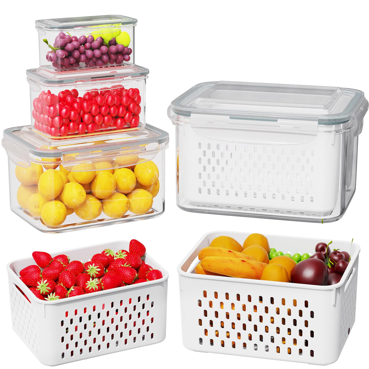 Dayacoco Fruit Storage Containers for Fridge 4 Pcs with Drain Basket