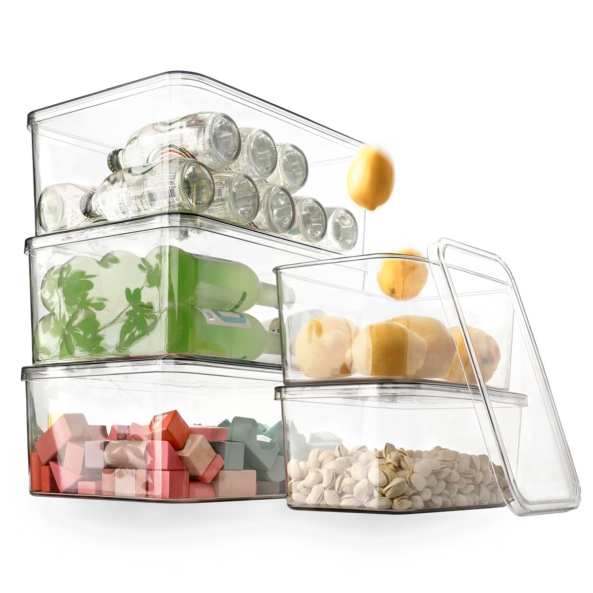 Clear Storage Bins With Lids,4 Packs Food Storage Organizer,Stackable Kitchen Cabinet,Bathroom Basket,Fridge Organization.Pantry Transparent Containers For Fruits,Drinks