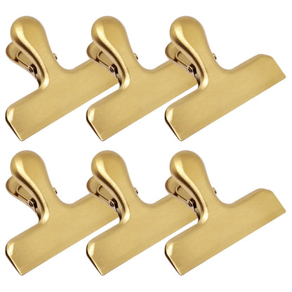 4 Pack Gold Chip Clips, 3 Inch Wide Stainless Steel Bag Clips for Food, Strong Grip Snack Bag Food Clip, Air Tight Seal Chip Clip File Clamp for Kitchen Office Home Supplies (Gold)