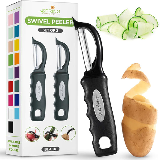 Spring Chef Swivel Vegetable Peeler with Soft Grip Handle, Set of 2, Black