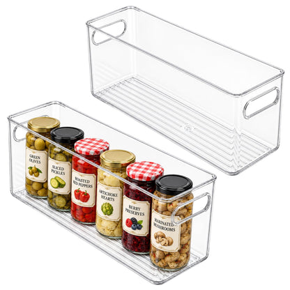 Plastic Food Storage 2 Pack Clear Container Bin with Handles for Organizing Kitchen, Pantry, Refrigerator, Freezer, Pantry, Cabinet, Closet, Bathroom. Stackable 10”x6”x3”
