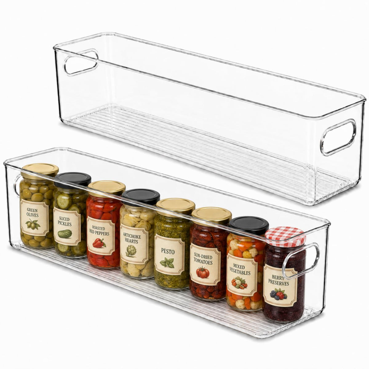Plastic Food Storage 2 Pack Clear Container Bin with Handles for Organizing Kitchen, Pantry, Refrigerator, Freezer, Pantry, Cabinet, Closet, Bathroom. Stackable 10”x6”x3”