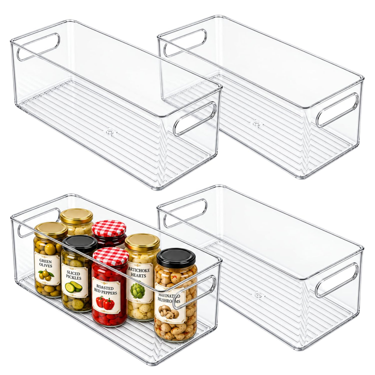 Plastic Food Storage 2 Pack Clear Container Bin with Handles for Organizing Kitchen, Pantry, Refrigerator, Freezer, Pantry, Cabinet, Closet, Bathroom. Stackable 10”x6”x3”
