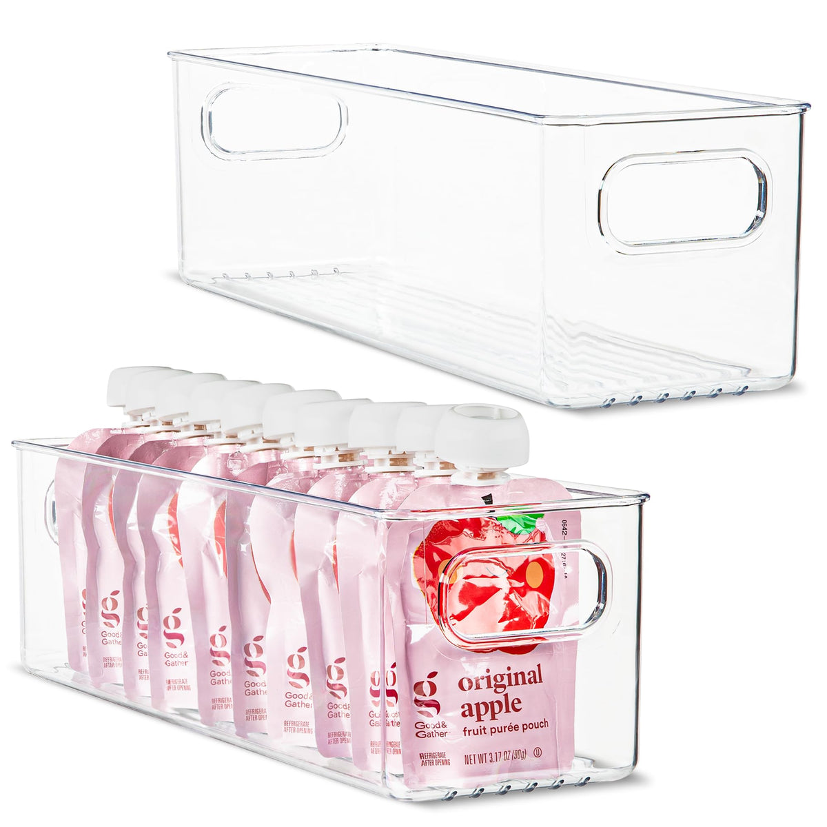 Plastic Food Storage 2 Pack Clear Container Bin with Handles for Organizing Kitchen, Pantry, Refrigerator, Freezer, Pantry, Cabinet, Closet, Bathroom. Stackable 10”x6”x3”