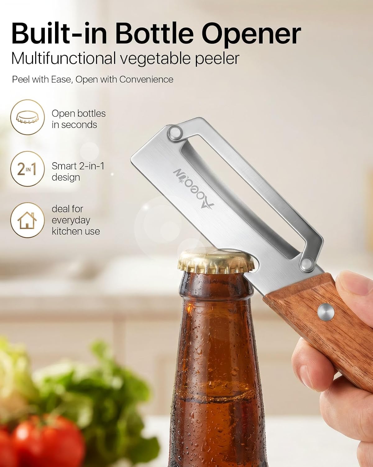 2 Pack Multifunctional Vegetable Peeler With Wooden Handle and Bottle Opener, 3-in-1 Stainless Steel Potato Peeler for Kitchen, 2026 Upgraded Ergonomic Hand Held Peeler Knife for Fruit & Vegetables