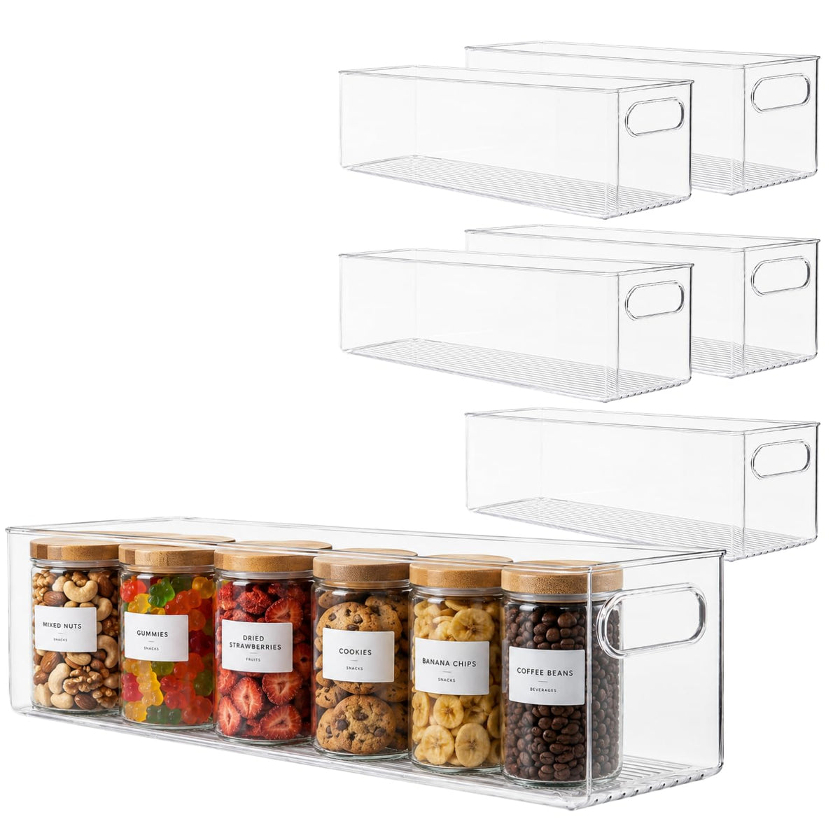 Plastic Food Storage 2 Pack Clear Container Bin with Handles for Organizing Kitchen, Pantry, Refrigerator, Freezer, Pantry, Cabinet, Closet, Bathroom. Stackable 10”x6”x3”