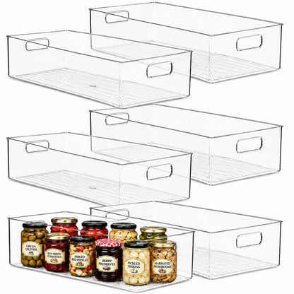 Plastic Food Storage 2 Pack Clear Container Bin with Handles for Organizing Kitchen, Pantry, Refrigerator, Freezer, Pantry, Cabinet, Closet, Bathroom. Stackable 10”x6”x3”