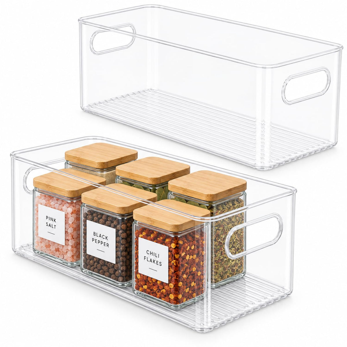 Plastic Food Storage 2 Pack Clear Container Bin with Handles for Organizing Kitchen, Pantry, Refrigerator, Freezer, Pantry, Cabinet, Closet, Bathroom. Stackable 10”x6”x3”