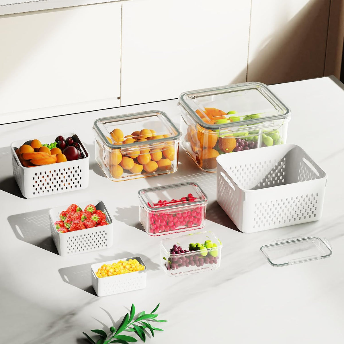Dayacoco Fruit Storage Containers for Fridge 4 Pcs with Drain Basket