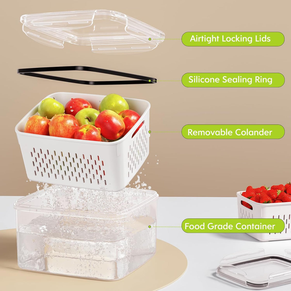 5 Pack Fruit Storage Containers for Fridge, Plastic Fruit Containers Set