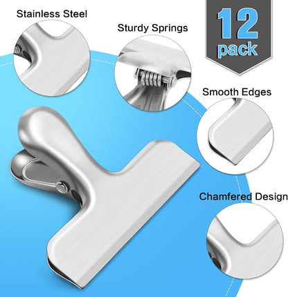 12 Pack Chip Clips, Stainless Steel Bag Clips & Food Clip, Heavy Duty Bag Clip for Food Storage, Air Tight Seal Perfect for Kitchen and Office Usage (Silver)