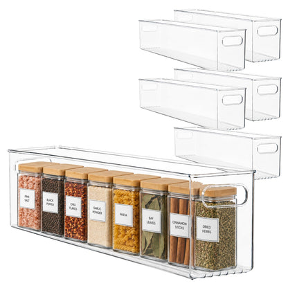 Plastic Food Storage 2 Pack Clear Container Bin with Handles for Organizing Kitchen, Pantry, Refrigerator, Freezer, Pantry, Cabinet, Closet, Bathroom. Stackable 10”x6”x3”