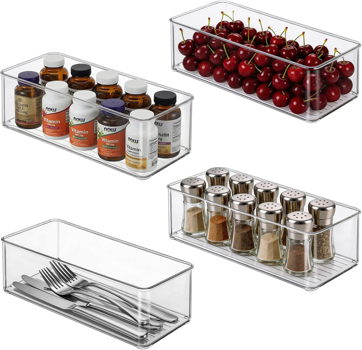 Hudgan 4 Clear Pantry Organizer Bins for Kitchen Drawer, Refrigerator