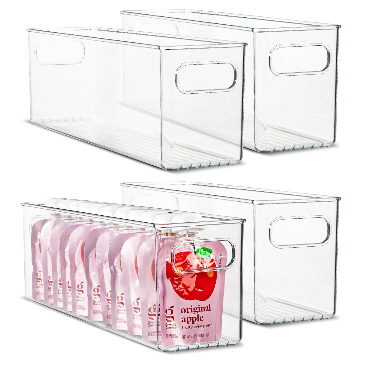 Plastic Food Storage 2 Pack Clear Container Bin with Handles for Organizing Kitchen, Pantry, Refrigerator, Freezer, Pantry, Cabinet, Closet, Bathroom. Stackable 10”x6”x3”