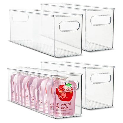 Plastic Food Storage 2 Pack Clear Container Bin with Handles for Organizing Kitchen, Pantry, Refrigerator, Freezer, Pantry, Cabinet, Closet, Bathroom. Stackable 10”x6”x3”