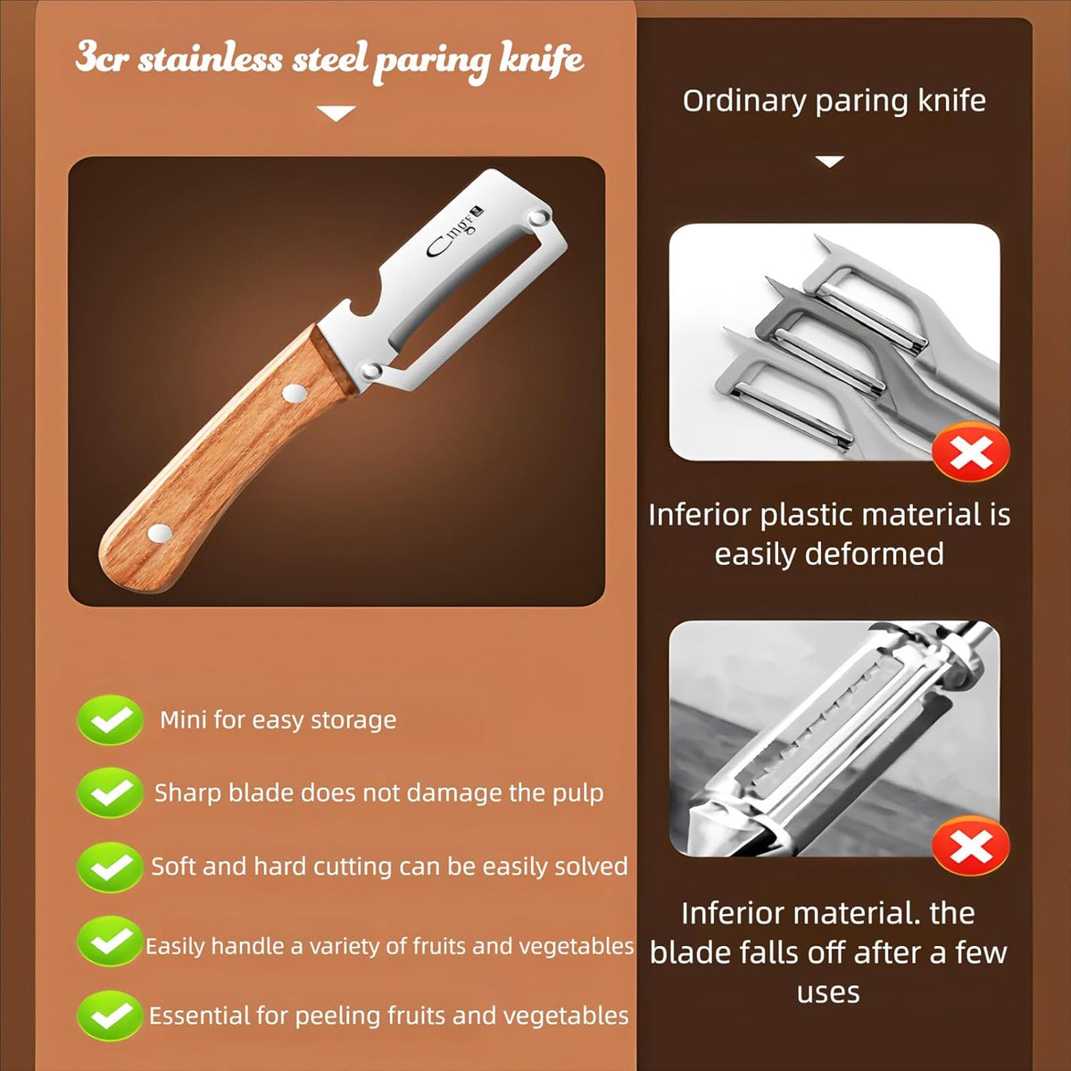 Vegetable Peeler Wooden Handle Sharp Steel Blade with Bottle Opener