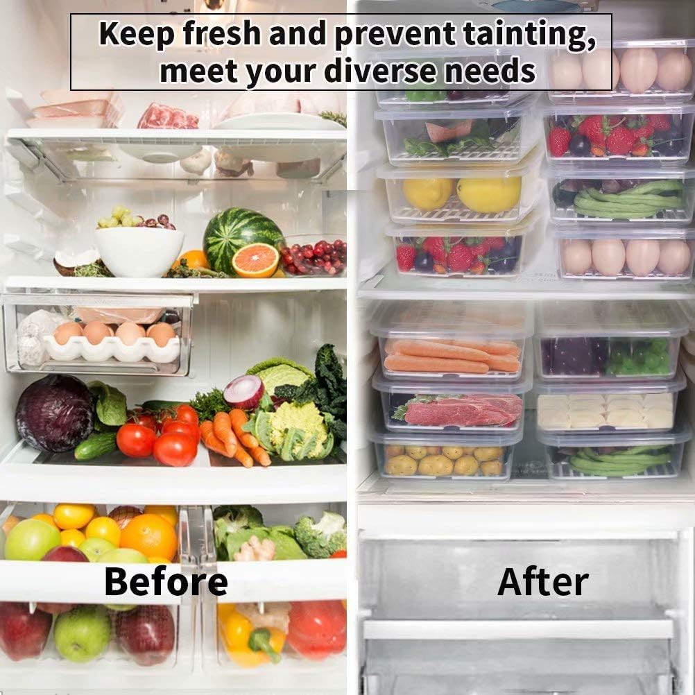 77L Fruit Storage Containers for Fridge, Rectangle Plastic Food Storage Containers with Lids, 3-Pack Deli Meat Container with Removable Drain Plate, Stackable Produce Keeper in Seafood & Berries