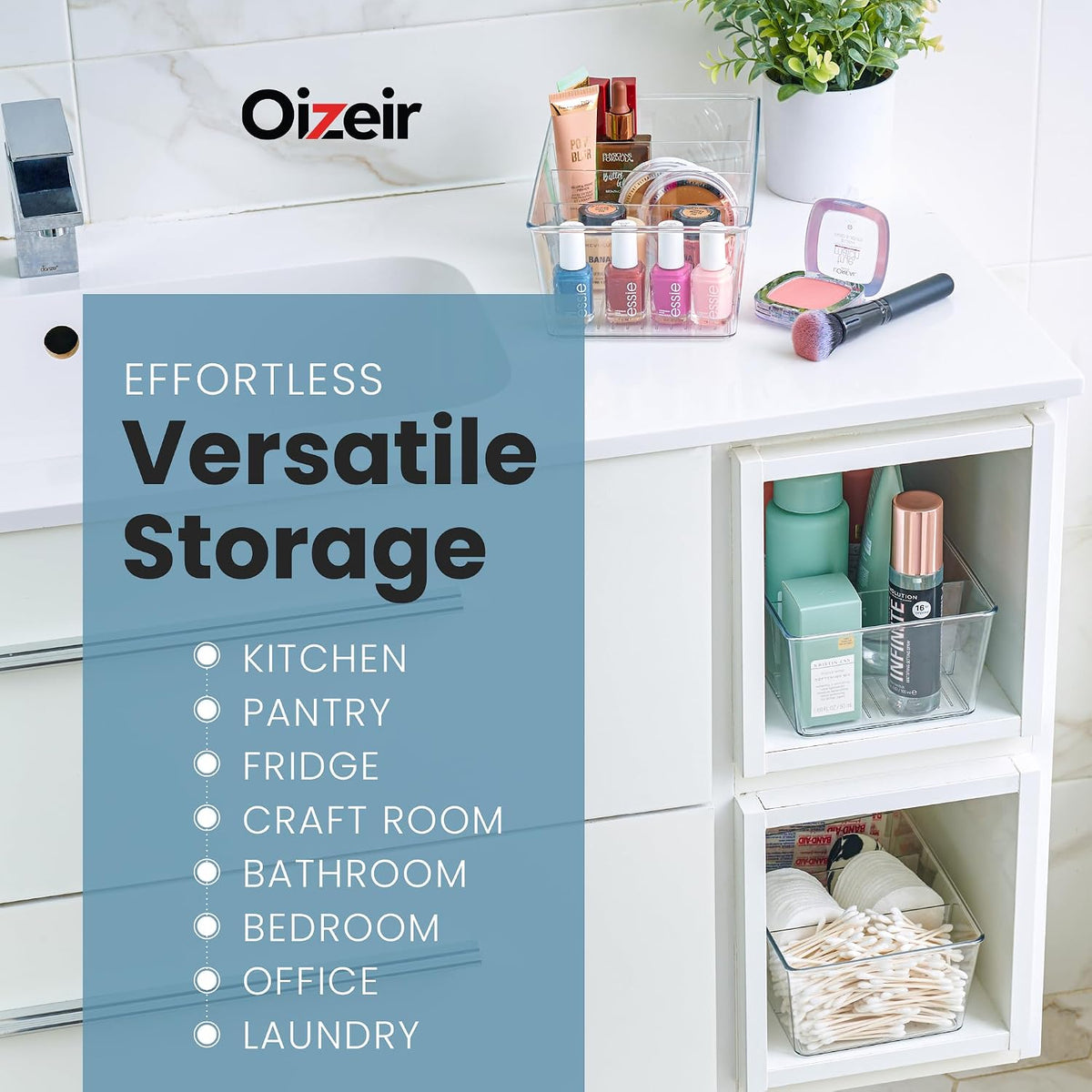 Oizeir Clear Pantry Organizer Bins 8-Pack - Fridge Organizer with 3 Removable Dividers, Ideal for Kitchen, Pantry, Refrigerator, Freezer, and Snack Storage