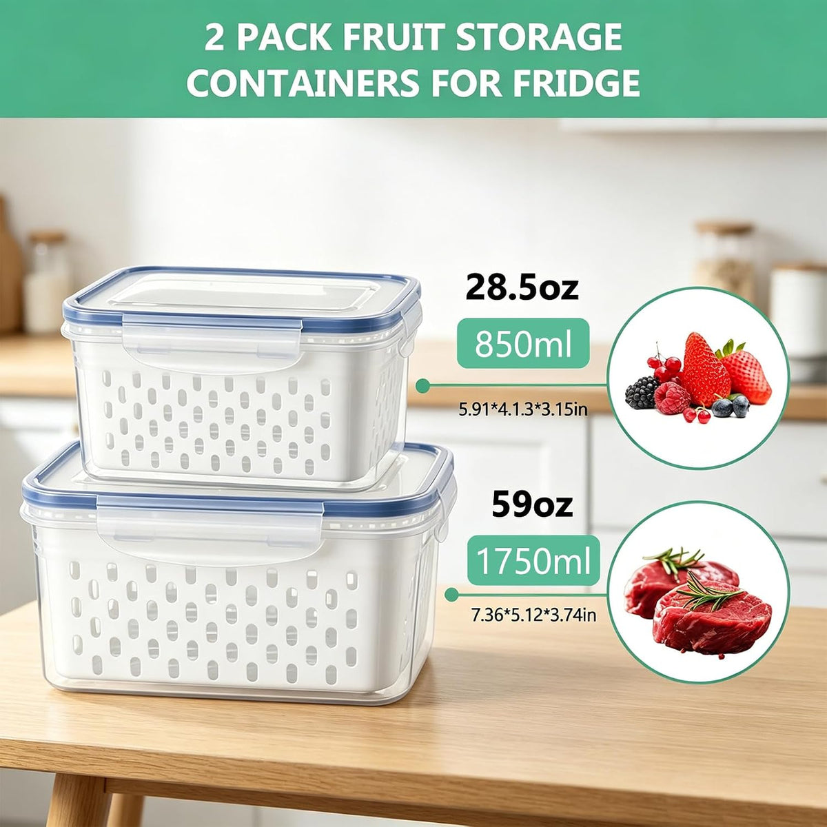 2 Pack Fruit Storage Containers for Fridge with Removable Colanders, Dishwasher & Microwave safe Produce Storage Containers with Lids Keep Fruits, Vegetables, Berry, Meat Fresh longer