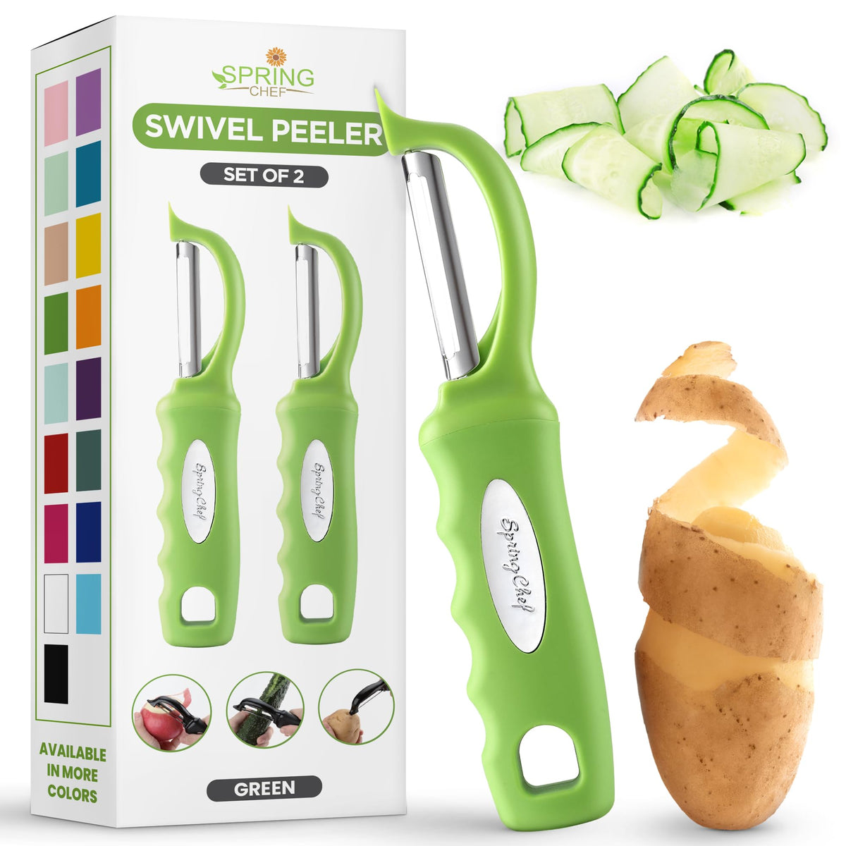 Spring Chef Swivel Vegetable Peeler with Soft Grip Handle, Set of 2, Black