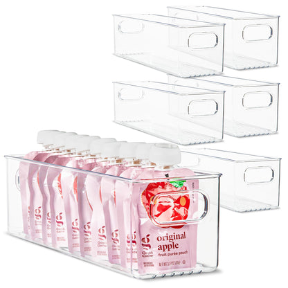 Plastic Food Storage 2 Pack Clear Container Bin with Handles for Organizing Kitchen, Pantry, Refrigerator, Freezer, Pantry, Cabinet, Closet, Bathroom. Stackable 10”x6”x3”