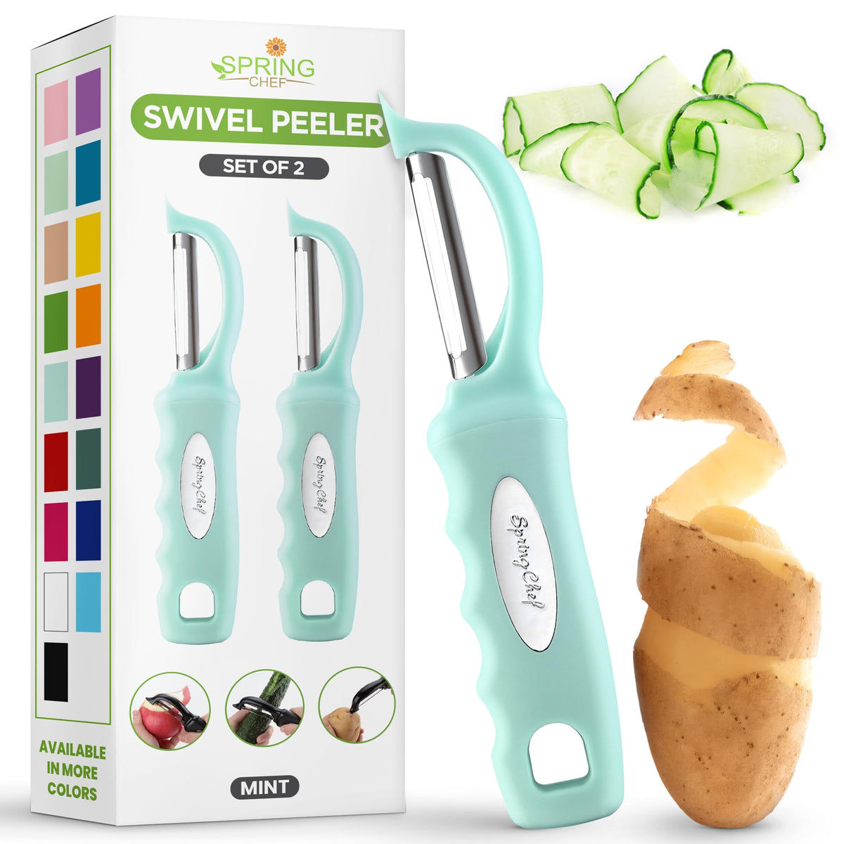 Spring Chef Swivel Vegetable Peeler with Soft Grip Handle, Set of 2, Black