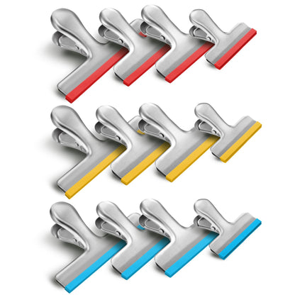 HOUSE AGAIN 12 Pack Stainless Steel Chip Bag Clips Covered with Silicone - NO More Sharp Edges - Color Coded for Food Bags - Air Tight Seal, Heavy Duty for Kitchen and Office, 3 Inches