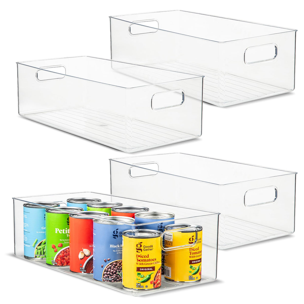 Plastic Food Storage 2 Pack Clear Container Bin with Handles for Organizing Kitchen, Pantry, Refrigerator, Freezer, Pantry, Cabinet, Closet, Bathroom. Stackable 10”x6”x3”
