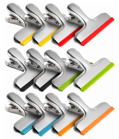 HOUSE AGAIN 8 Pack Stainless Steel Chip Bag Clips Covered with Silicone - NO More Sharp Edges - Color Coded for Food Bags - Air Tight Seal, Heavy Duty for Kitchen and Office, 3 Inches