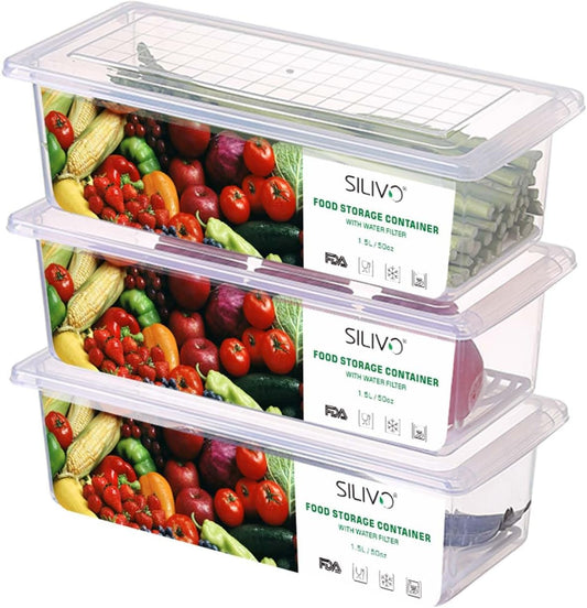 3 Pack 1.5L Fruit Storage Containers for Fridge with Removable Drain Tray