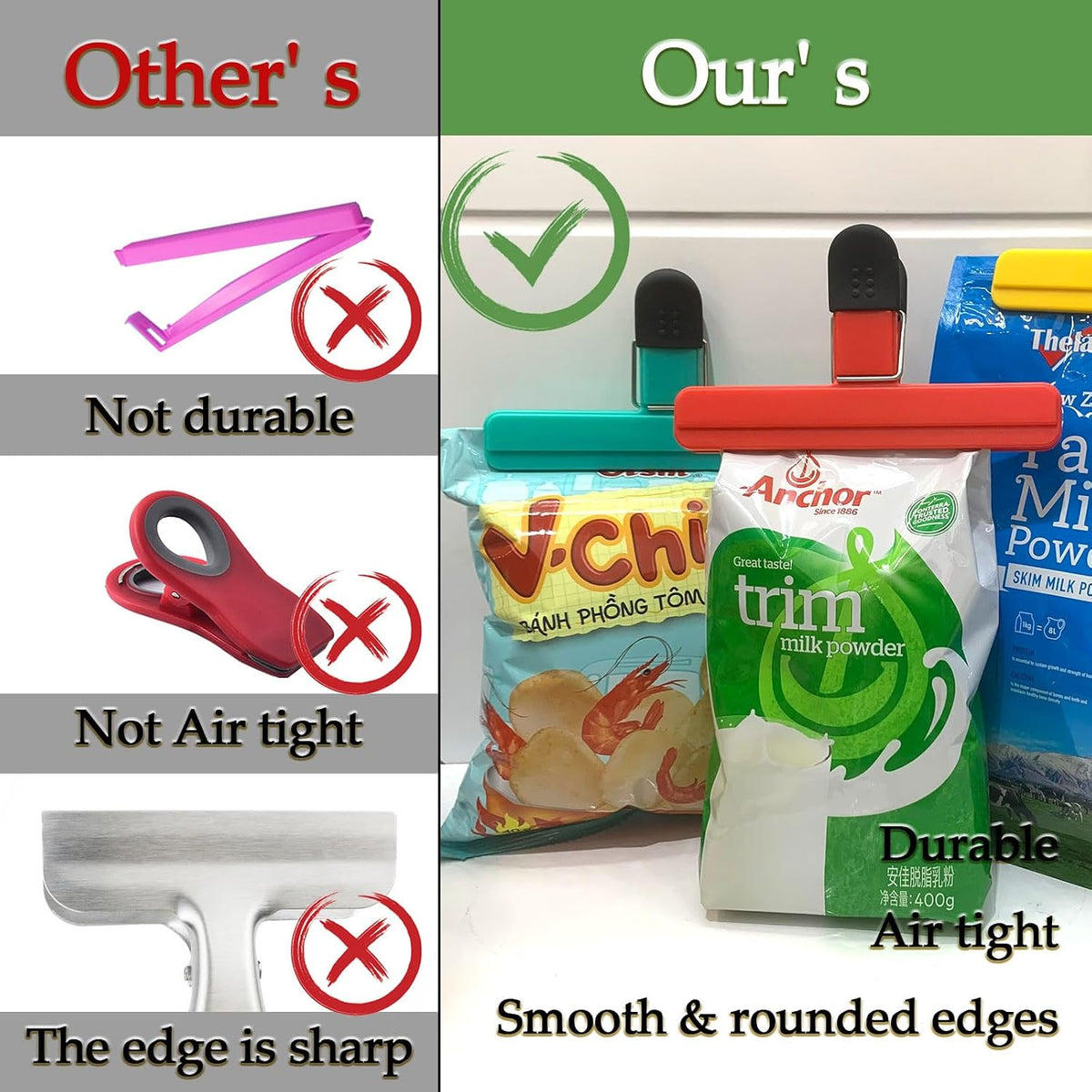 11 Pack Chip Clips Food Bag Clips for Food Packages Chips Storage Bags Heavy Duty Snack Kitchen Potato (3 Large, 6 Small & 2 Round, Bright Style)