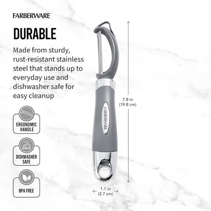 Farberware Professional Euro Vegetable Peeler with Ergonomic Handle, Razor-Sharp Stainless Steel Swivel Blade for Fruits and Vegetables, Dishwasher Safe, Jewel Grey