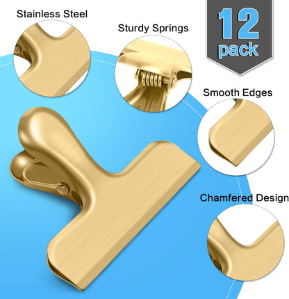 12 Pack Chip Clips, Stainless Steel Chip Bag Clips & Food Clip, Heavy Duty Bag Clip for Food Storage, Perfect for Kitchen Office Usage (Gold)