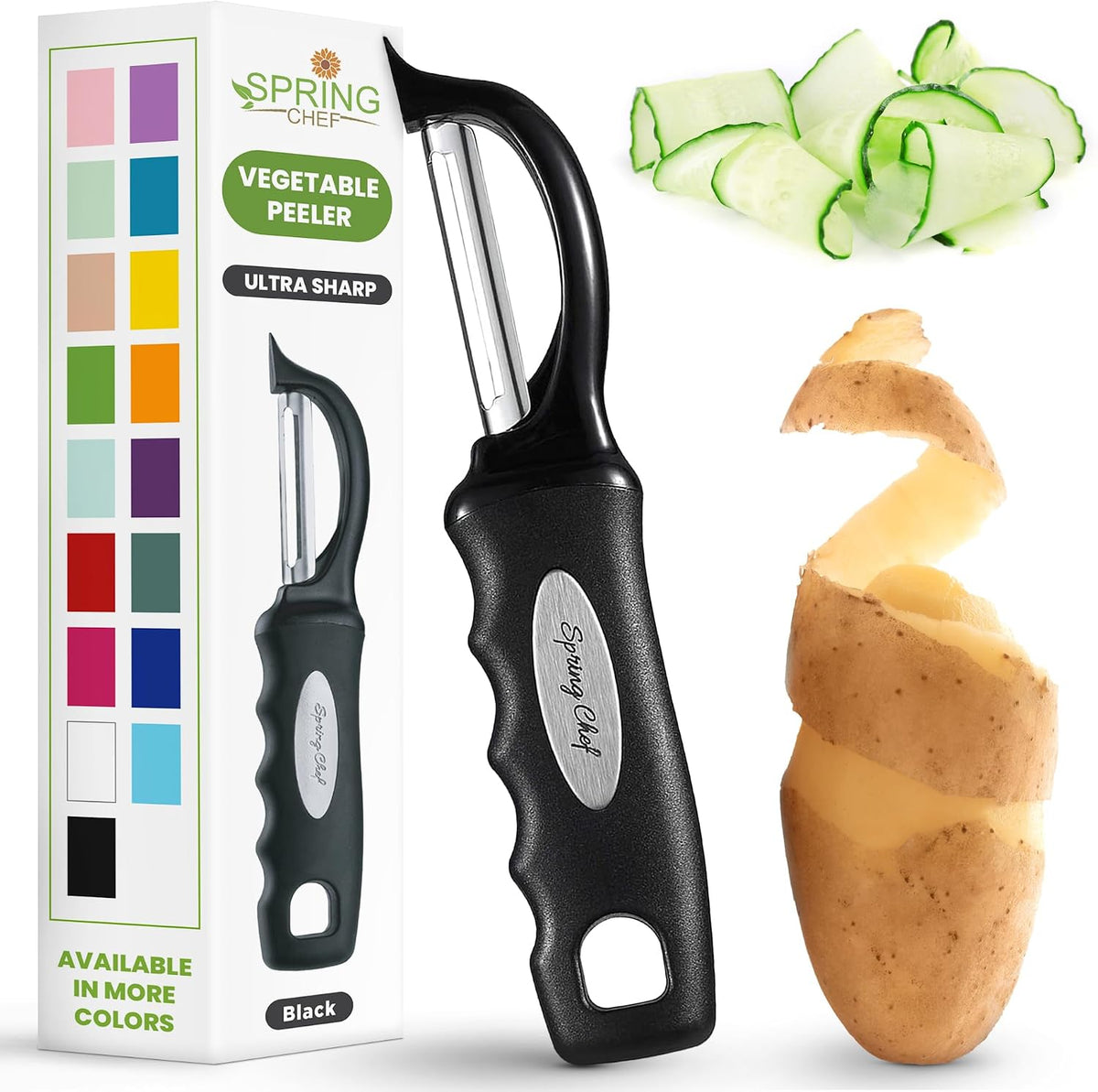Spring Chef Original Swivel Vegetable Peeler with Soft Grip Handle, Black