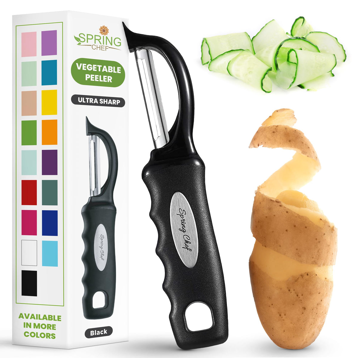 Spring Chef Swivel Vegetable Peeler with Soft Grip Handle, Set of 2, Black