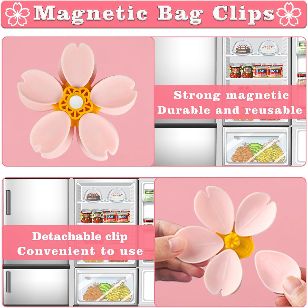4 Pack Cherry Chip Clips Magnetic, Strong Cute Fridge Magnets Clips, Sealing Pink Chip Clips for Snack Bag Storage