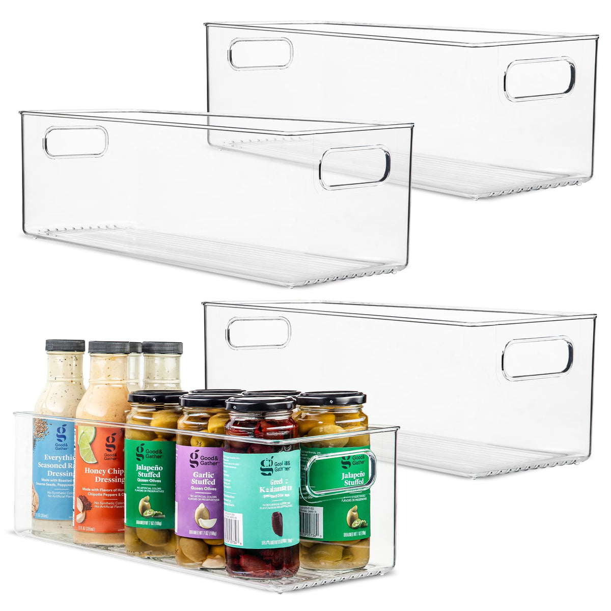 Plastic Food Storage 2 Pack Clear Container Bin with Handles for Organizing Kitchen, Pantry, Refrigerator, Freezer, Pantry, Cabinet, Closet, Bathroom. Stackable 10”x6”x3”