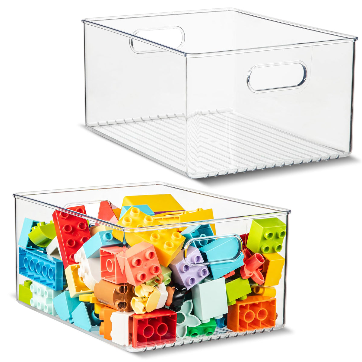 Plastic Food Storage 2 Pack Clear Container Bin with Handles for Organizing Kitchen, Pantry, Refrigerator, Freezer, Pantry, Cabinet, Closet, Bathroom. Stackable 10”x6”x3”