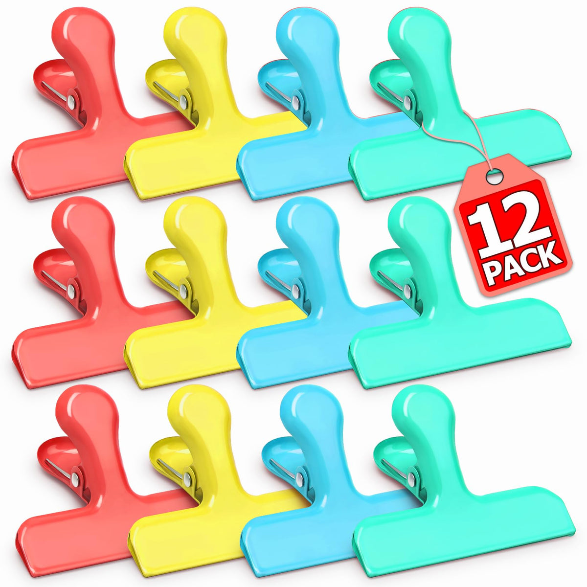 VNDUEEY 12 Pack Stainless Steel Chip Bag Clips, Chip Clips for Food Bags, Heavy Duty Metal Clip for Kitchen and Office to Seal Coffee Bags, Paper Sheets, Air Tight Seal-3 Inches, Multicolor