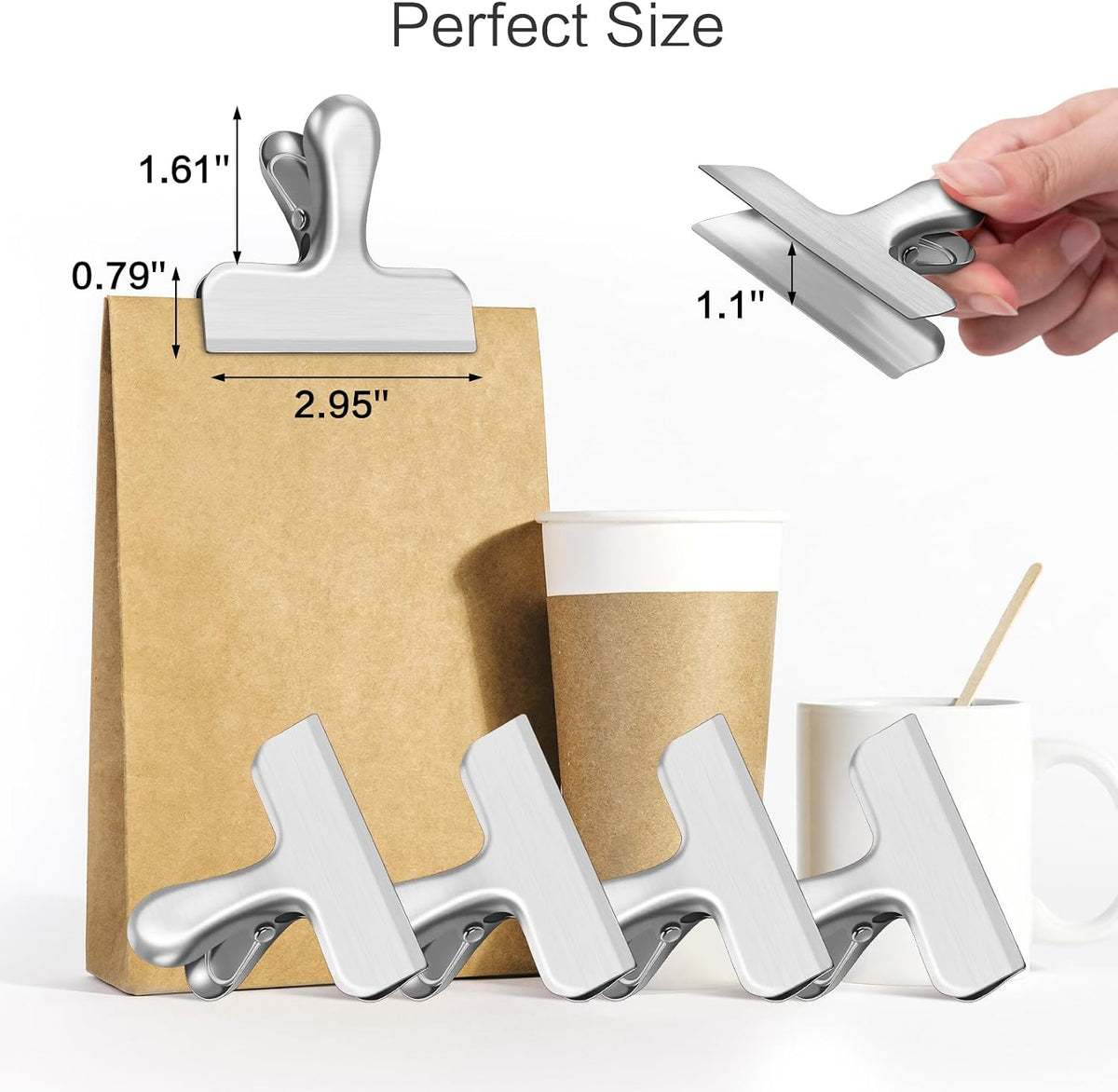 12 Pack Chip Clips, Stainless Steel Bag Clips & Food Clip, Heavy Duty Bag Clip for Food Storage, Air Tight Seal Perfect for Kitchen and Office Usage (Silver)