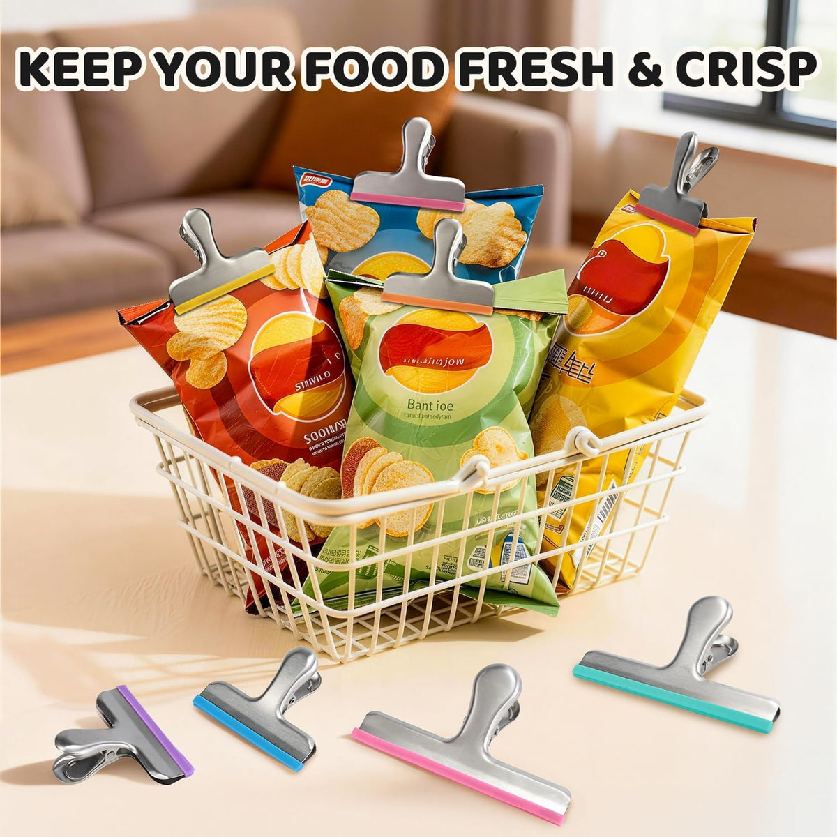 HOUSE AGAIN 8 Pack Stainless Steel Chip Bag Clips Covered with Silicone - NO More Sharp Edges - Color Coded for Food Bags - Air Tight Seal, Heavy Duty for Kitchen and Office, 3 Inches