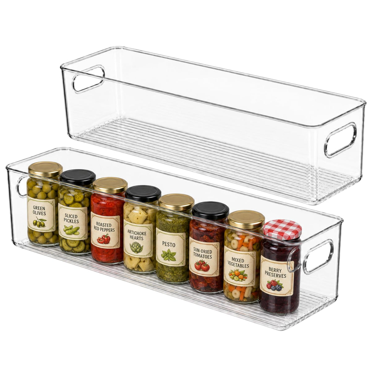 Plastic Food Storage 2 Pack Clear Container Bin with Handles for Organizing Kitchen, Pantry, Refrigerator, Freezer, Pantry, Cabinet, Closet, Bathroom. Stackable 10”x6”x3”