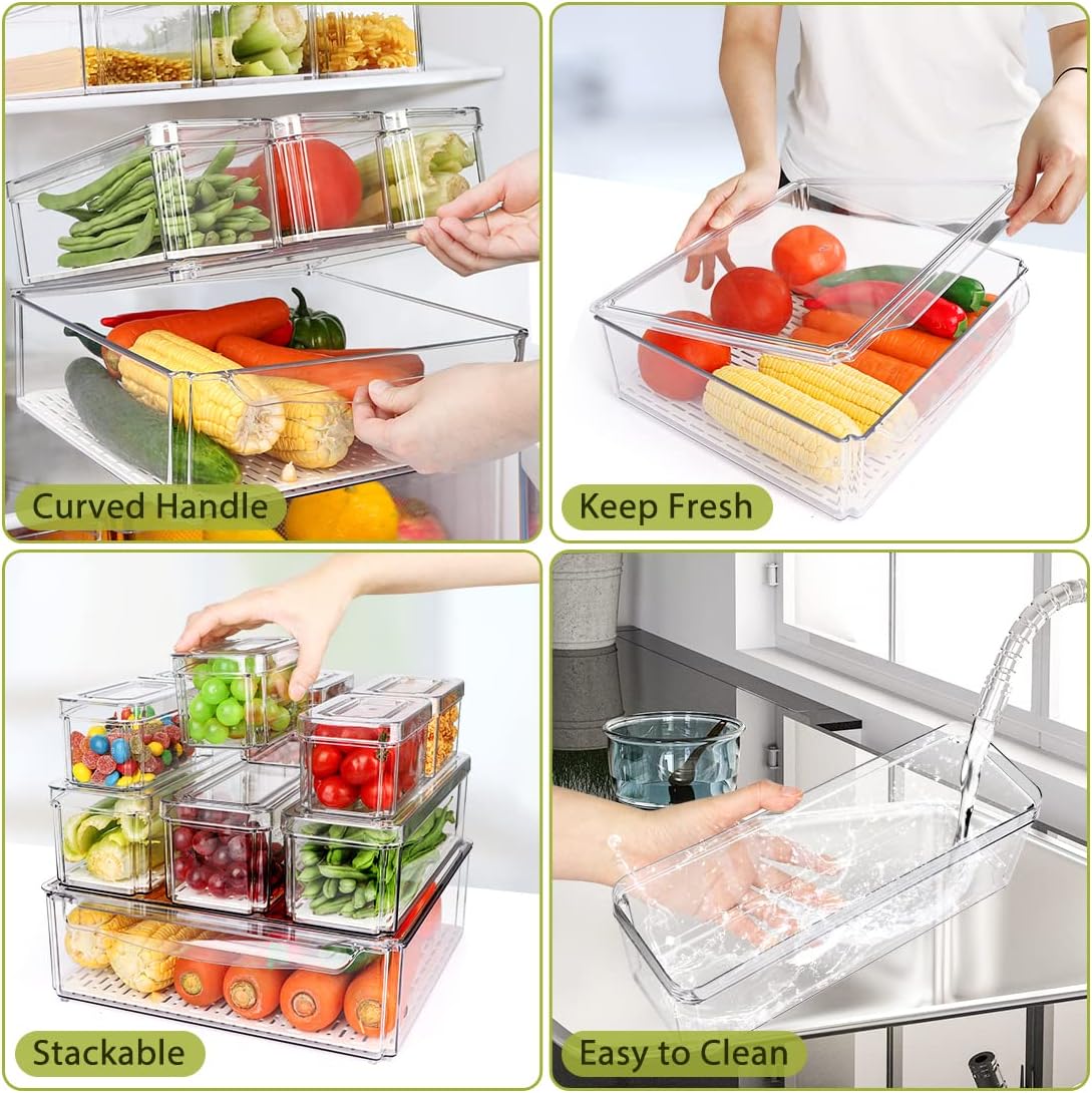 10 Pack Refrigerator Pantry Organizer Bins with Lids, Fridge Organizer Bins