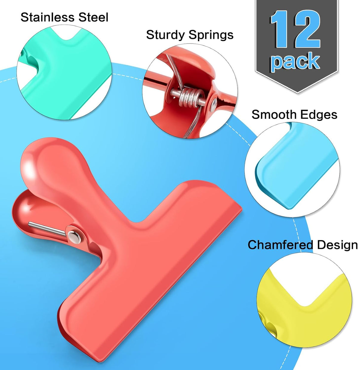 Chip Bag Clips, 12 Pack Heavy Duty Chip Clips & Food Clip, Air Tight Seal Bag Clip for Kitchen and Office to Seal Coffee Bags, Paper Sheets (Multi-Color)