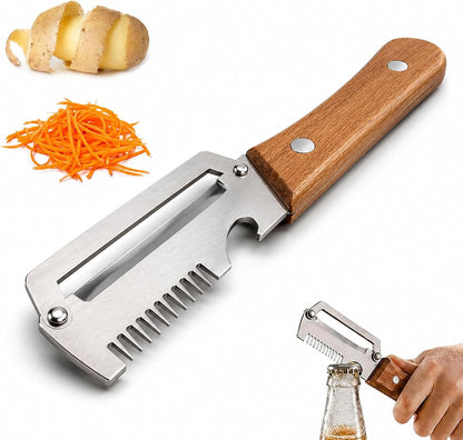 2026 upgrade 3-in-1 Vegetable Peeler with Wooden Handle, Stainless Steel Julienne Peeler and Scallion Shredder with Bottle Opener, Multi-Function Kitchen Peeler for Everyday Prep（1PCS)