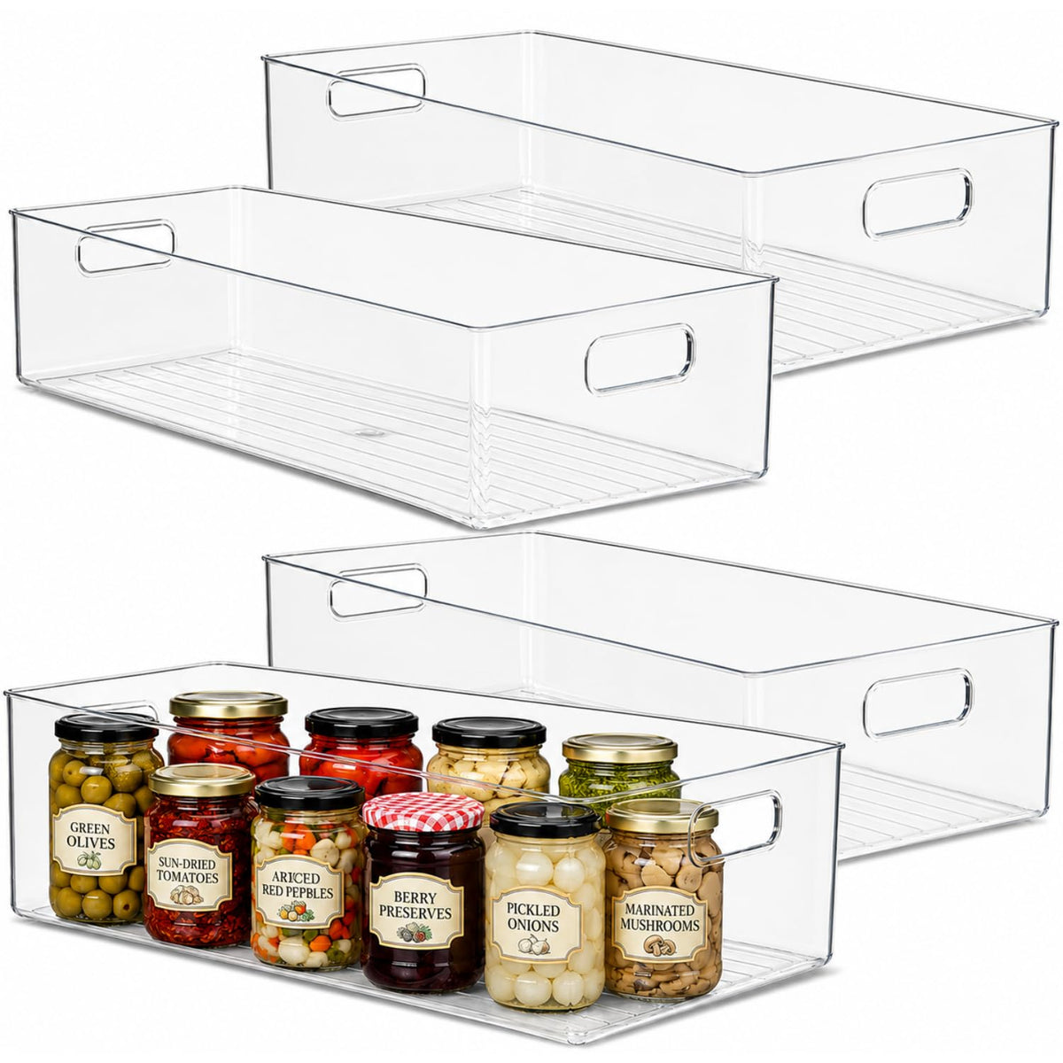 Plastic Food Storage 2 Pack Clear Container Bin with Handles for Organizing Kitchen, Pantry, Refrigerator, Freezer, Pantry, Cabinet, Closet, Bathroom. Stackable 10”x6”x3”