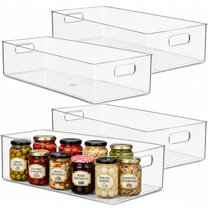 Plastic Food Storage 2 Pack Clear Container Bin with Handles for Organizing Kitchen, Pantry, Refrigerator, Freezer, Pantry, Cabinet, Closet, Bathroom. Stackable 10”x6”x3”