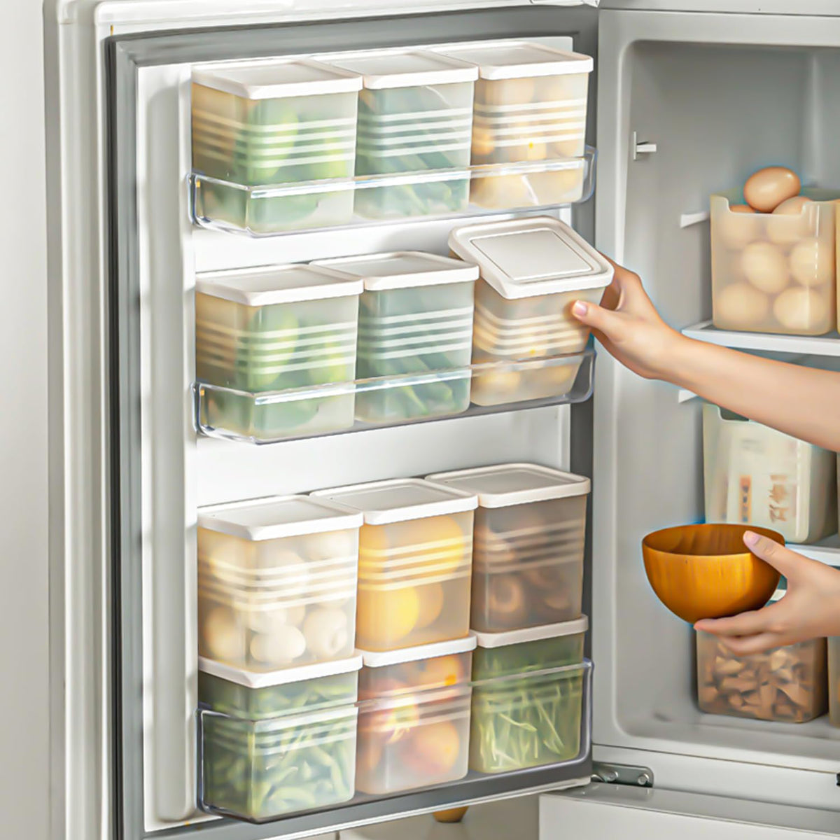 3 Pack Refrigerator Organizer Box with Lid, Plastic Refrigerator Side Door Storage Containers, Space-Saving Organizer Bins for Refrige, Refrige Drawers for Fruit and Vegetable (Clear, S×3)