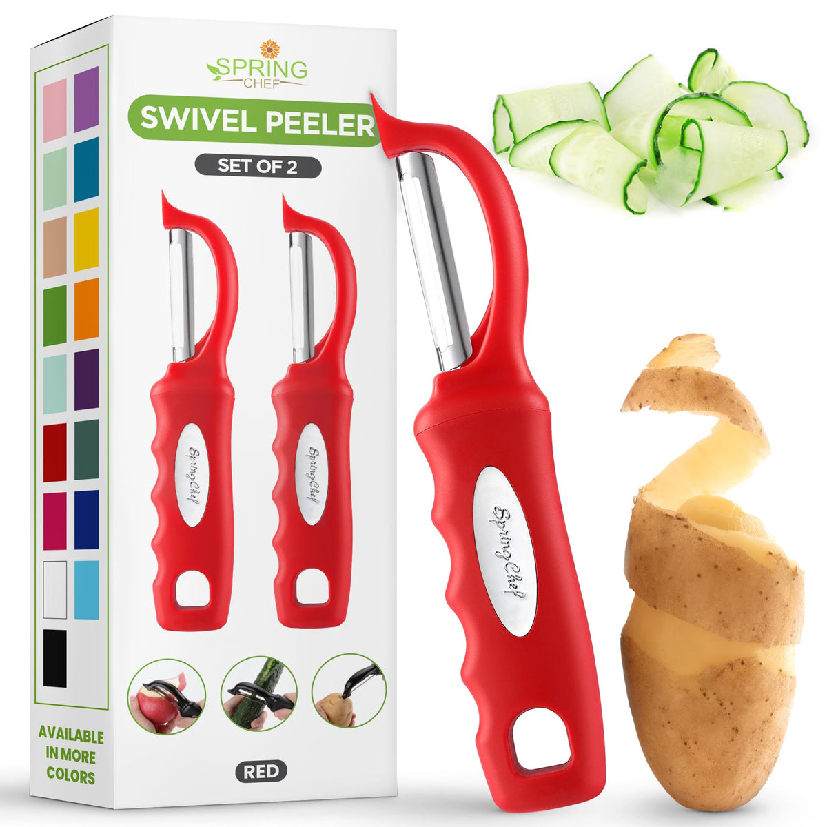 Spring Chef Swivel Vegetable Peeler with Soft Grip Handle, Set of 2, Black