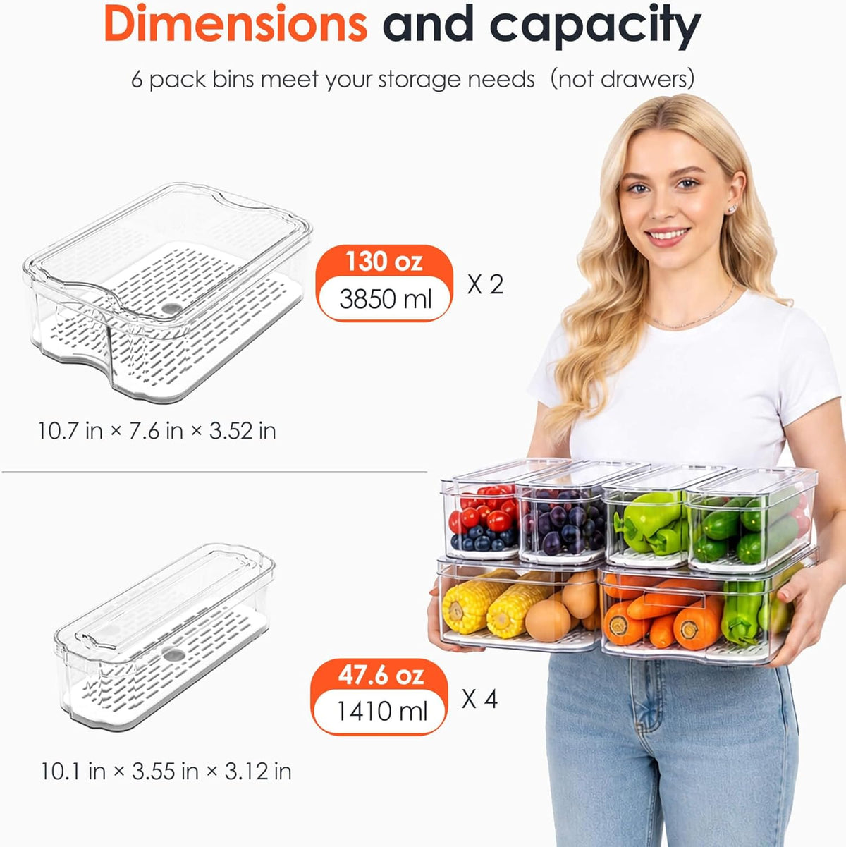SMRCAD 6 Pack Clear Fridge Organizer Bins with Drain Trays - Stackable
